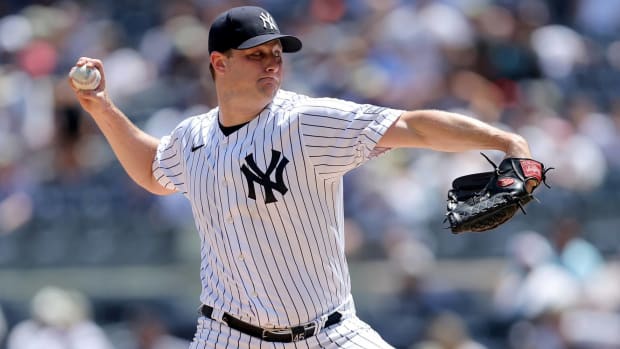 Yankees starter Gerrit Cole throws a pitch in a game.